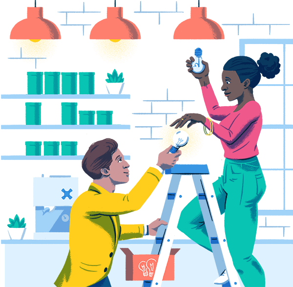 Illustration de deux collègues travaillant ensemble pour changer une ampoule.