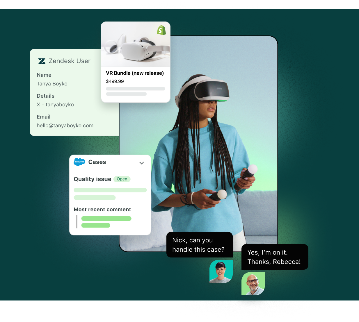 Sprout Social UI hebt Integrationen mit Zendesk und Salesforce hervor, um Kundenfälle schnell zu lösen.