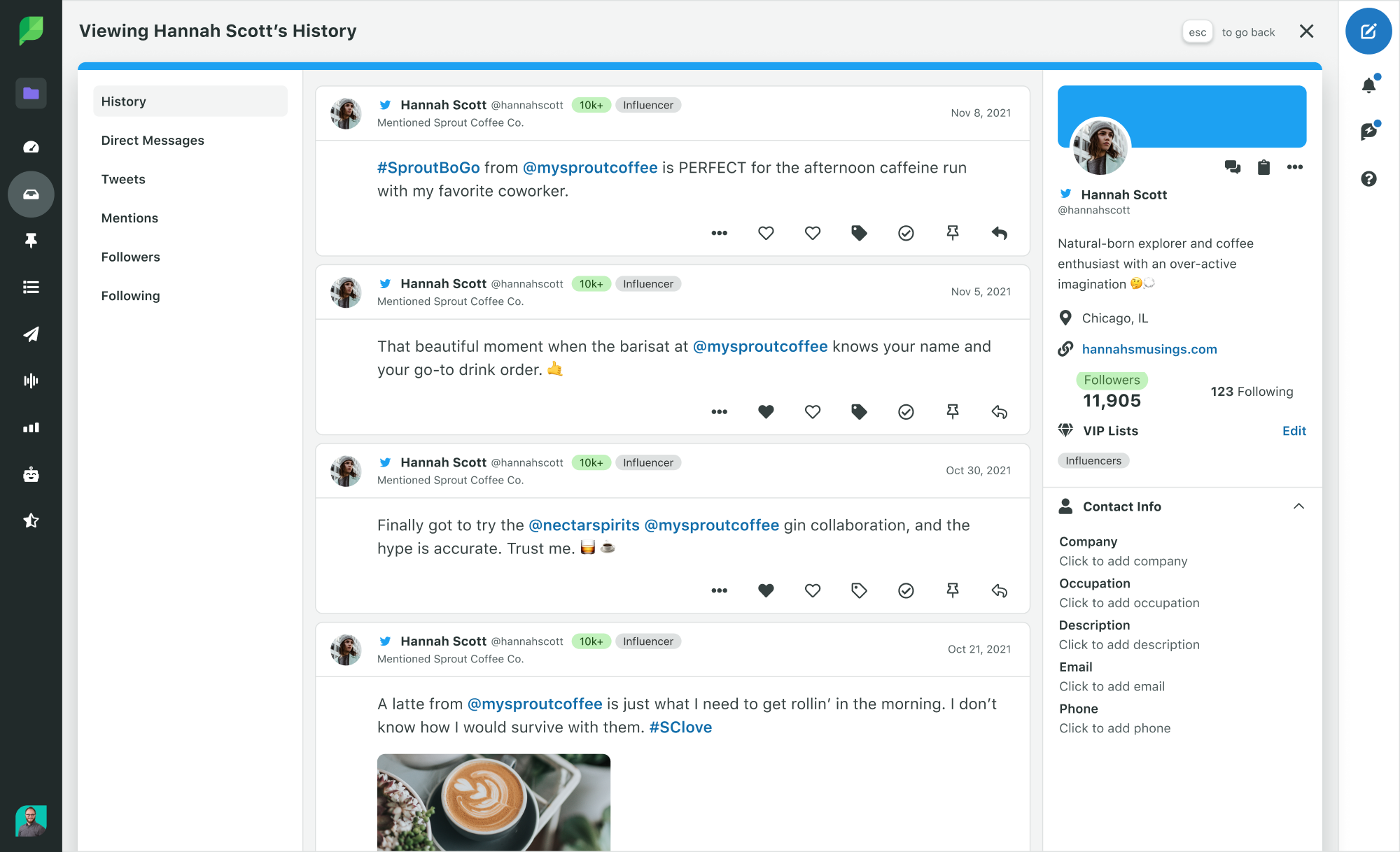 Mit den Kontaktprofil-Ansichten von Sprout steht Ihnen zusätzlicher Kontext für Ihre Interaktionen in den sozialen Netzwerken zur Verfügung; hier können Sie benutzerdefinierte Kontaktinformationen, interne Notizen und den vollständigen Gesprächsverlauf hinzufügen und aufrufen.