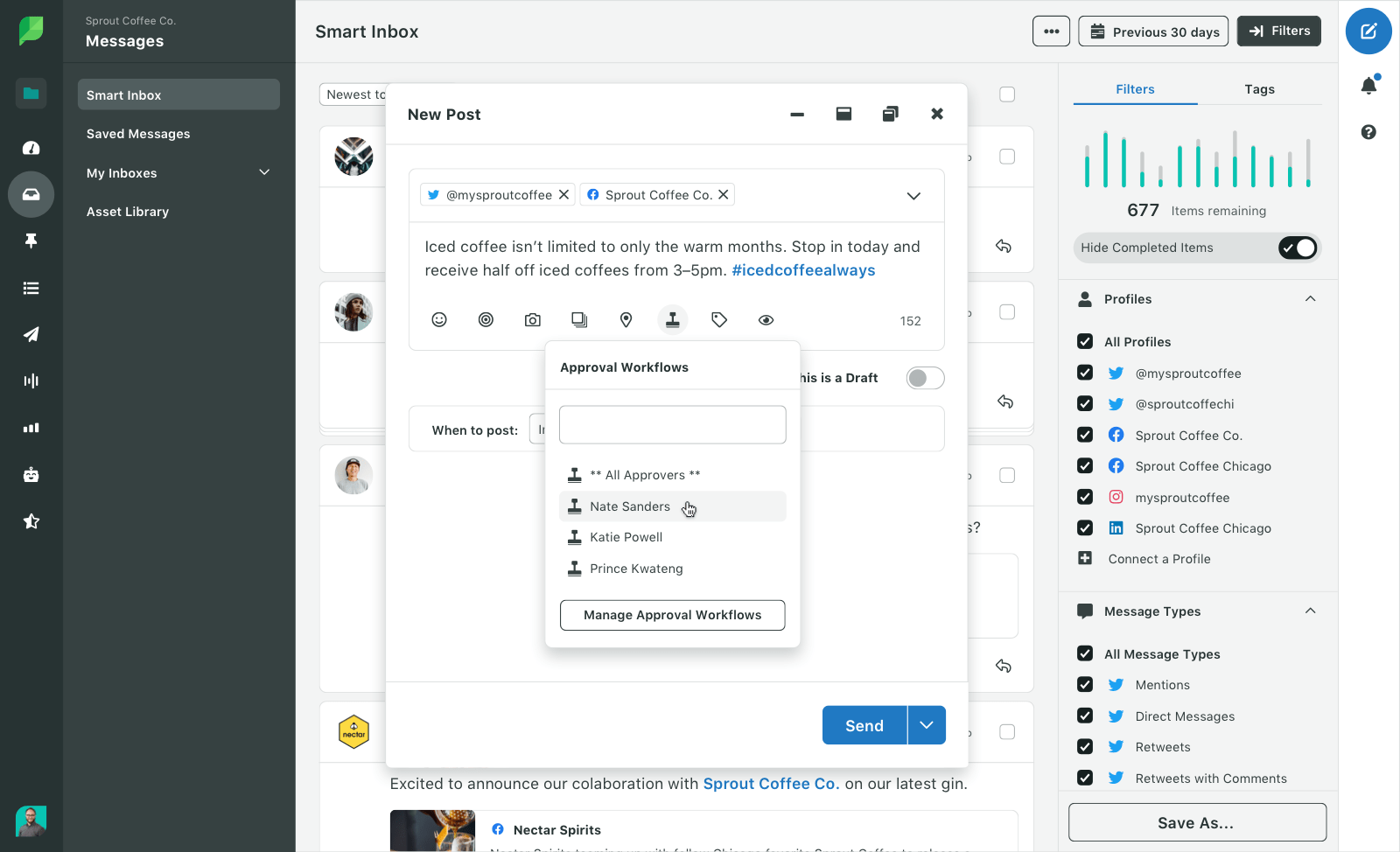Capture d'écran du produit Sprout illustrant les flux d'approbation avancés disponibles dans l'éditeur Rédiger.