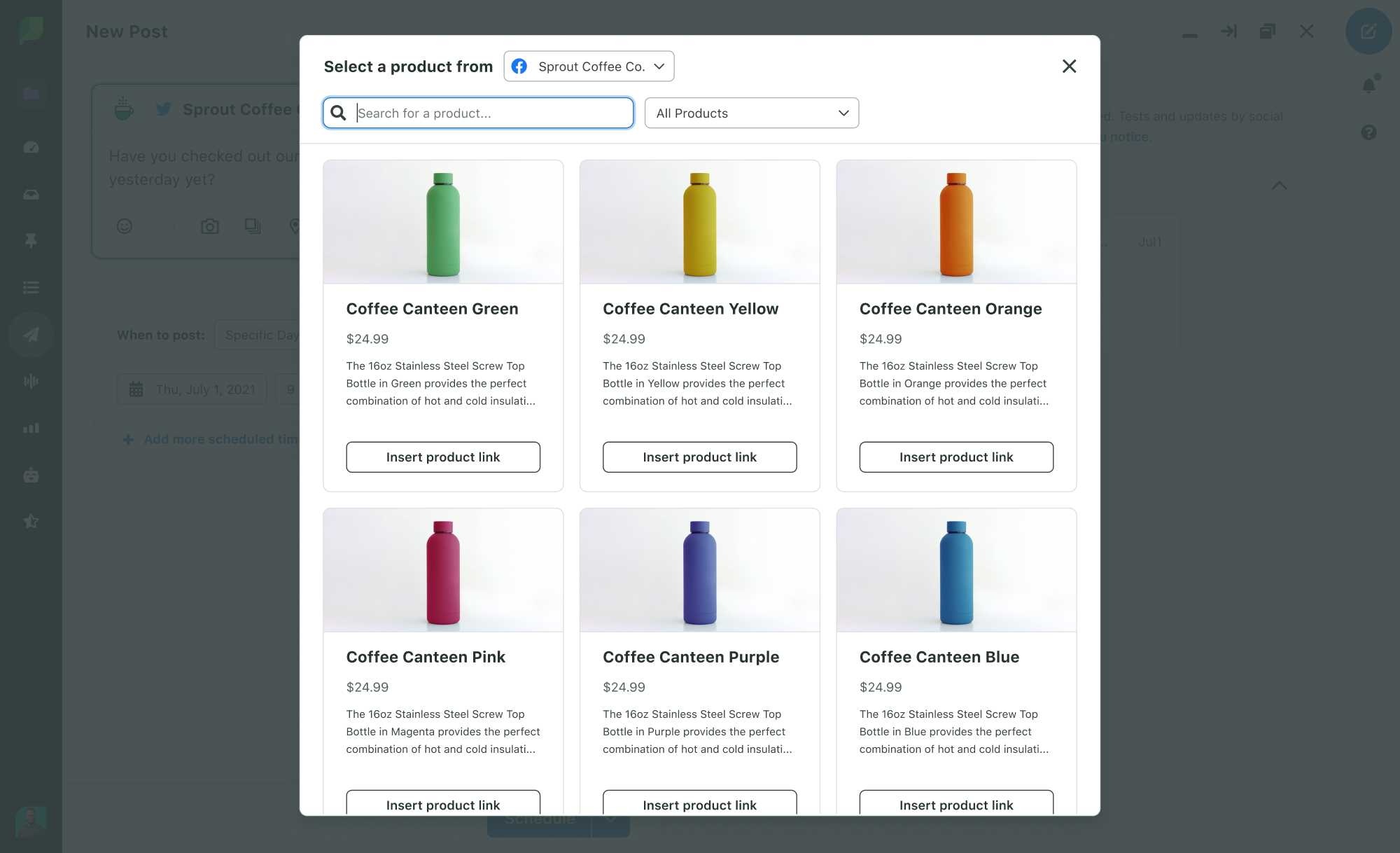 Seu catálogo de produtos das Lojas do Facebook está disponível na janela Compor do Sprout. Lá, você pode filtrar, pesquisar, consultar detalhes sobre produtos e preços, além de inserir links para produtos direto em um novo post.