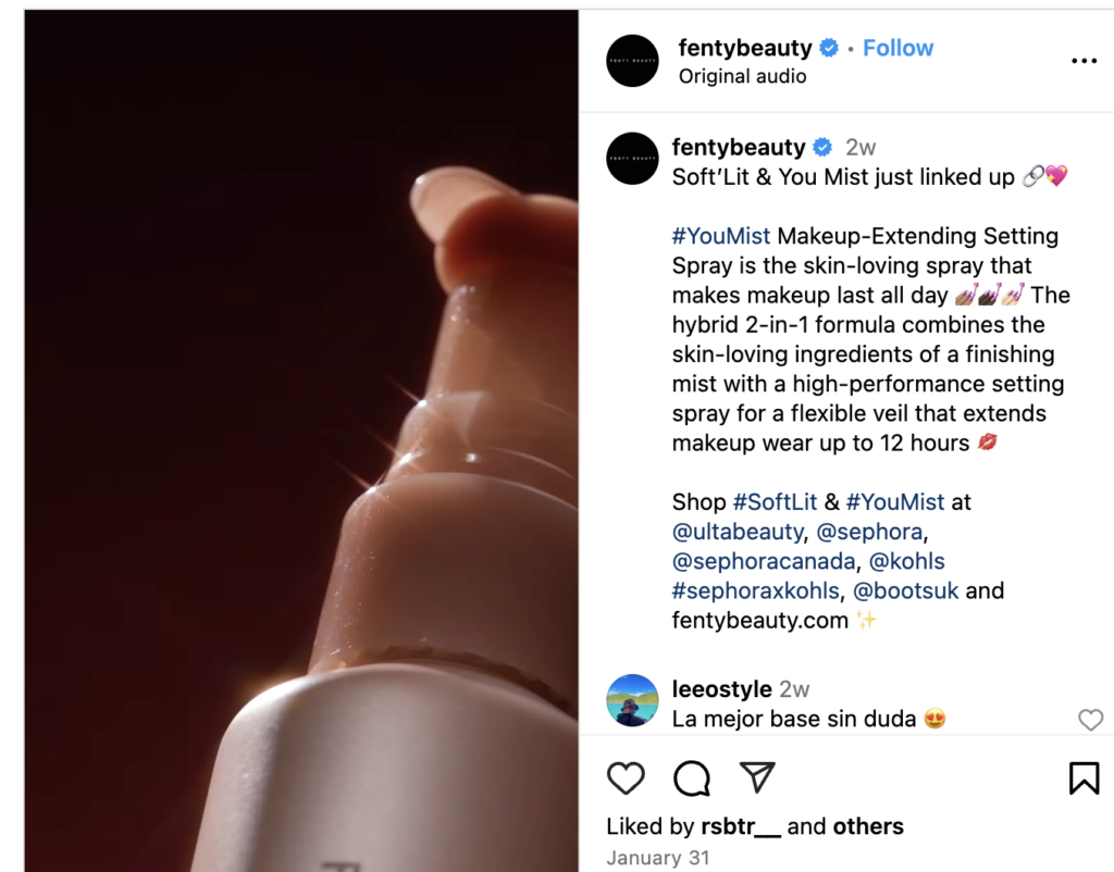 A post from Fenty Beauty on Instagram promoting its make-up setting spray using several hashtags