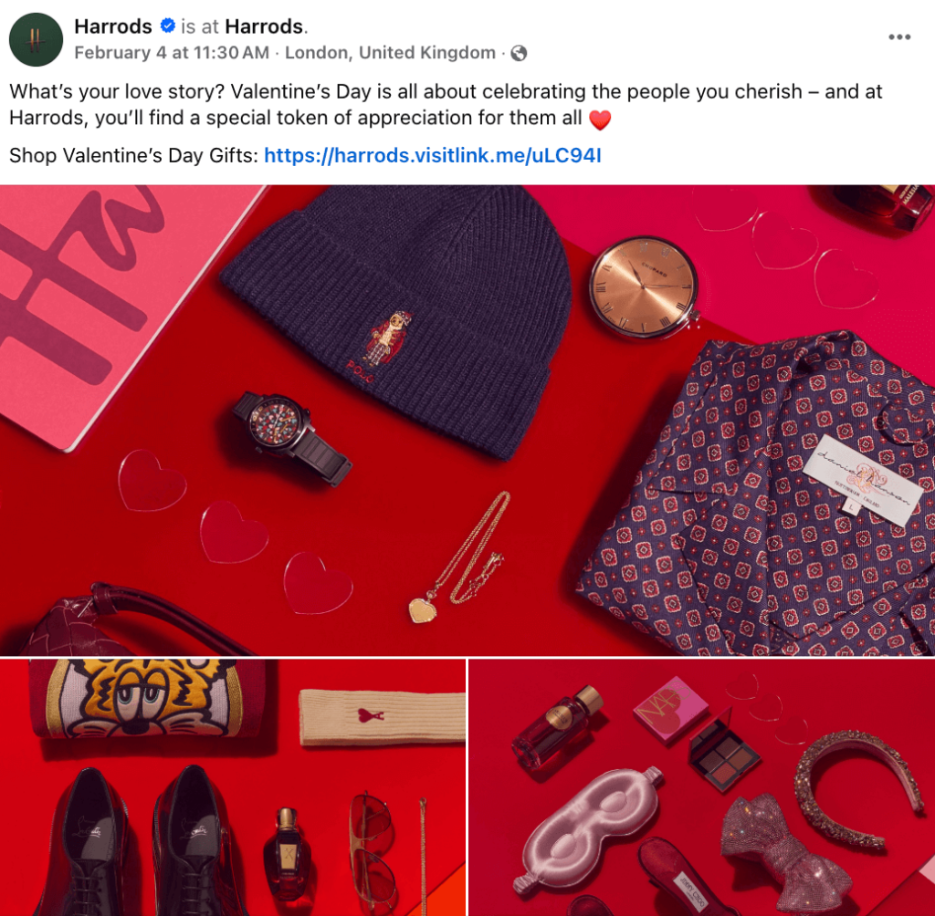 Facebook post from UK retailer Harrod's advertising their shopping options for 2025 Valentine's Day