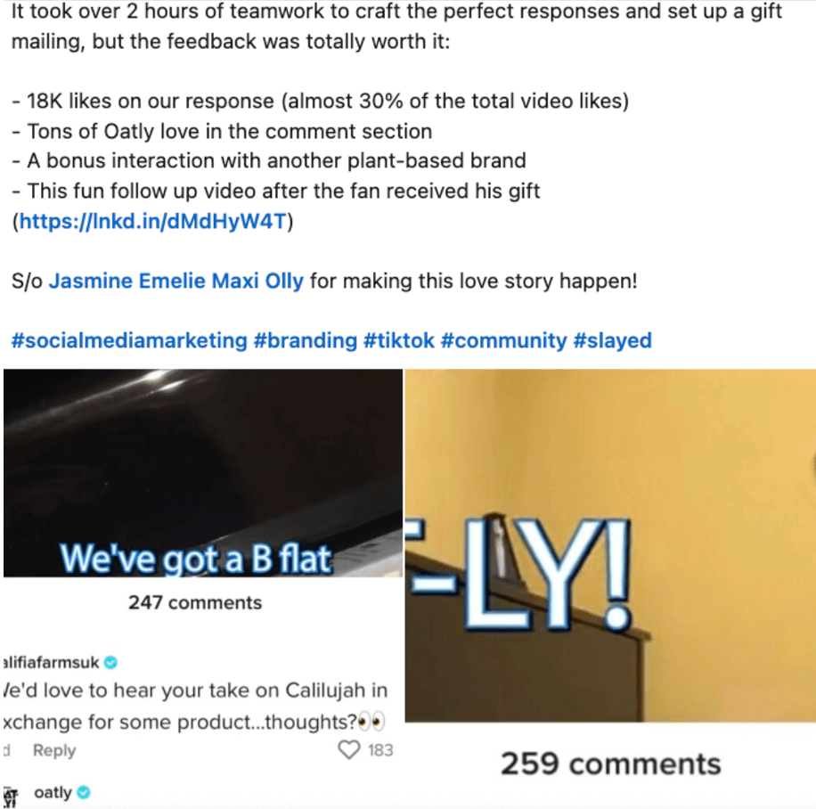 A post of Simon David's funny video about Oatly’s theme song on TikTok where the brand responded quickly in the comments. Their comment earned over 20,000 likes—almost a third of all likes on the video.