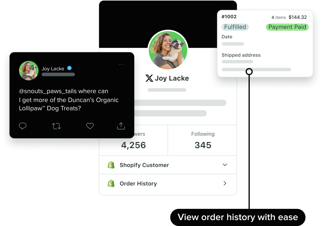 Benutzeroberfläche von Sprout Social, die die Bestelldetails eines Kunden von „Snouts, Paws, and Tails“ zeigt, der das Unternehmen auf X (ehemals Twitter) erwähnt hat.